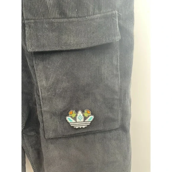 NWT Adidas Graphic Regular Corduroy Pant Men's Small Black Elastic Waist Pockets